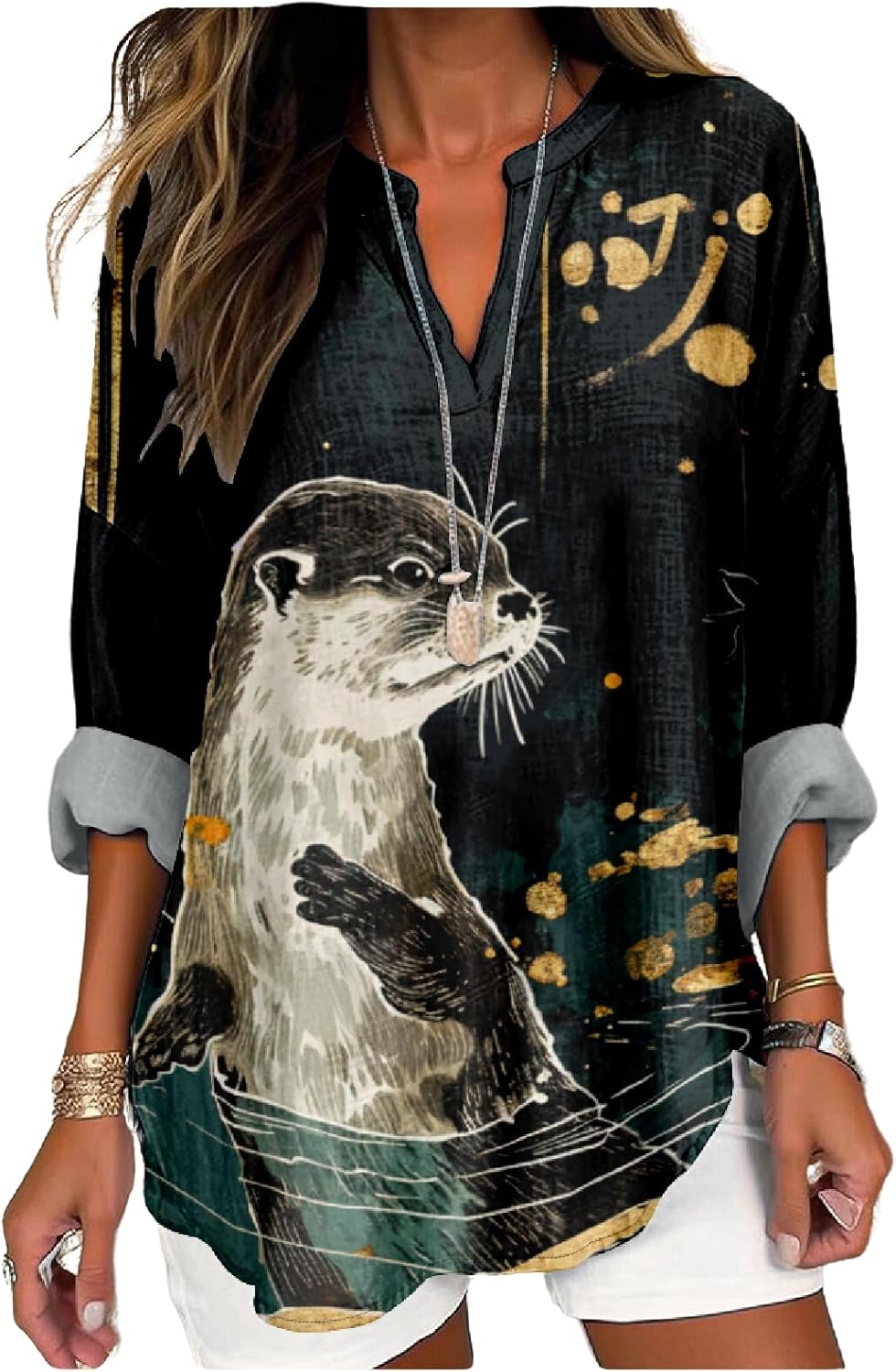 MARSVOVO Japanese Art Style Shirt for Women Long Sleeve Novelty Graphic Tops V Neck Oversize Vintage Causal Pullover