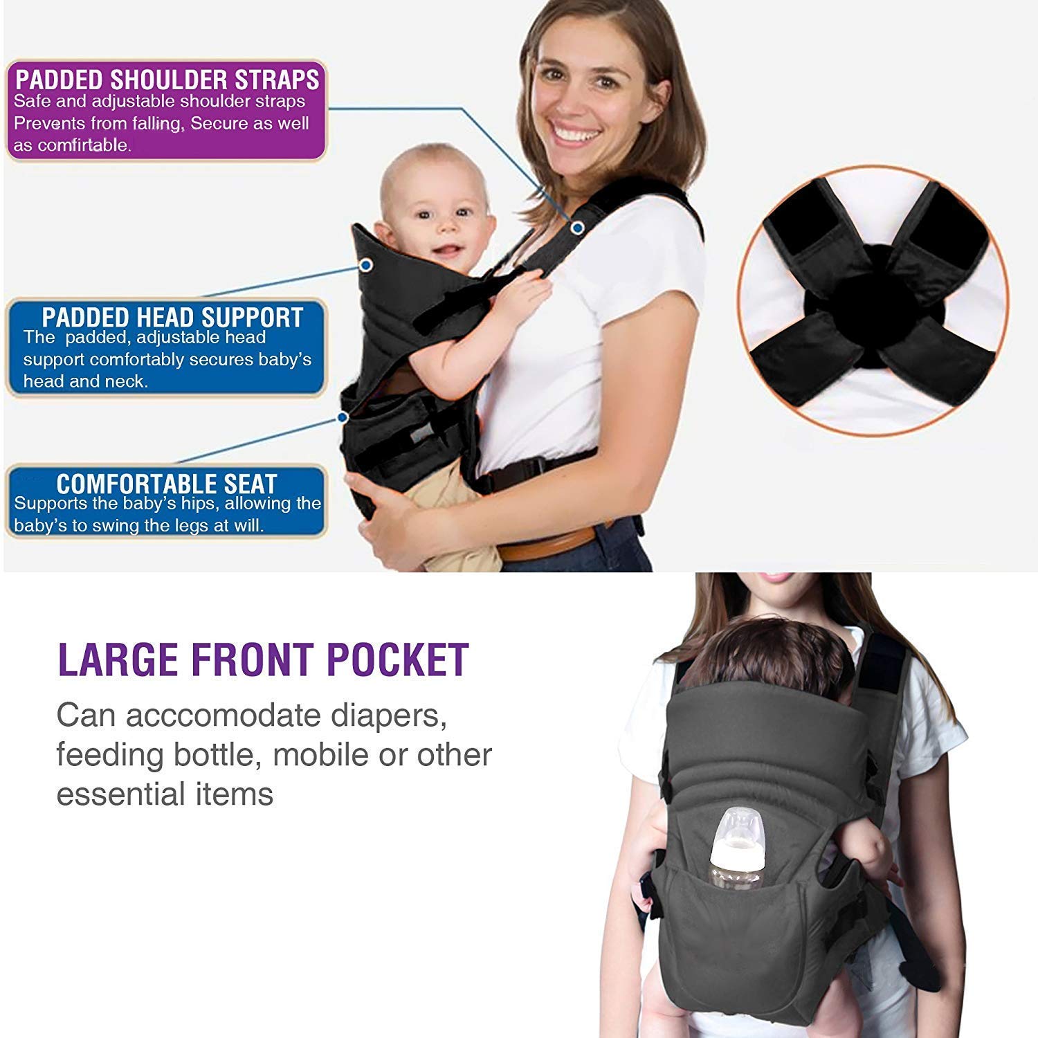 Mom's Pride Infant 3 In 1 Baby Carry Bag Backpack Sling Back Position- Front Position Carrier (Black 1) - Image 5 thumbnail