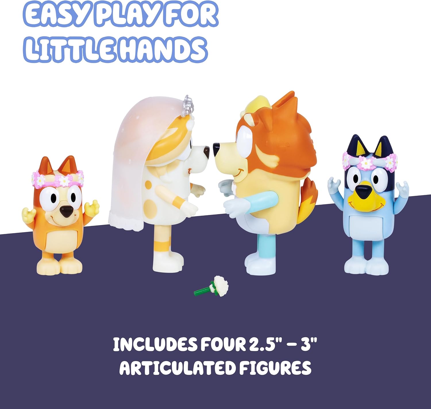 Bluey Wedding Figures Pack of 4, Articulated Character Toys with Uncle Rad, Frisky, and Flower Bingo Figurines, Action Figures for Kids Ages 3+