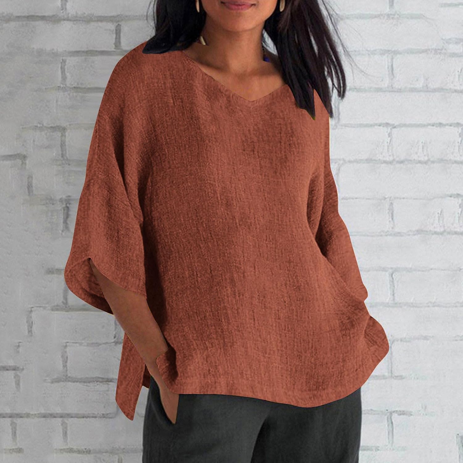 Linen Shirts for Women 3/4 Sleeve Crew Neck Casual Blouse Summer Boho Solid Color Loose Beach Vacation Tees Tops