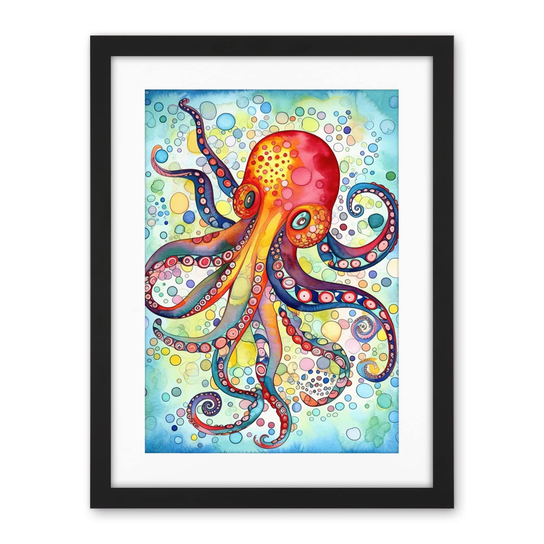 Artery8 Octopus Swimming In Air Bubbles Folk Art Watercolour Painting Artwork Framed Wall Art Print 18X24 Inch