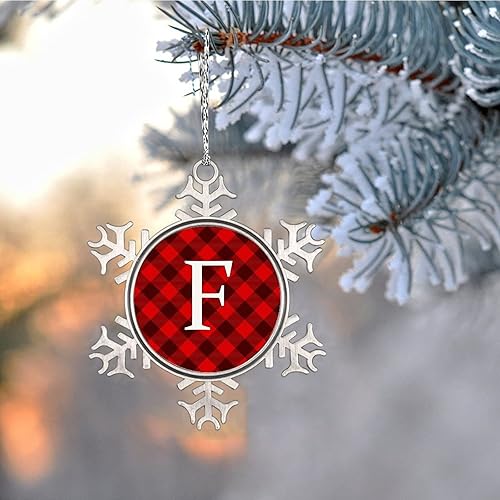 Miniatura 5 de LITTLEGROVE SEEDS Adornos de Navidad con monograma, letra F, adorno para decoración de árbol de Navidad, adornos de metal a cuadros rojos, regalos