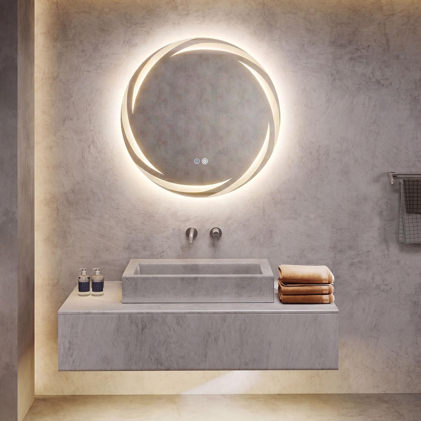 GIANTEX Specchio Rotondo LED per Bagno 60/70/80 CM, Specchio da Trucco Retroilluminato con 3 Colori di Luce, Dimmerazione Continua, Anti-Appannamento, Memoria, Vetro Temperato (70L x 70l cm)