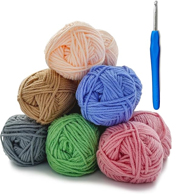 Crochet Kits for Beginners Adults,Crochet Yarn Acrylic Double Knitting Wool for CrochetYarn for Crochet Acrylic Wool for Knitting 6 x 25g with 4mm Crochet Hook (Meranti)