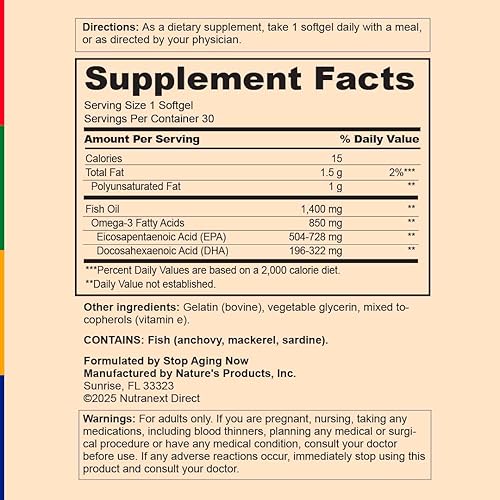 Miniatura 4 de Stop Aging Now - Suplemento de aceite de pescado Omega 3 - con EPA y DHA- 30 cápsulas blandas