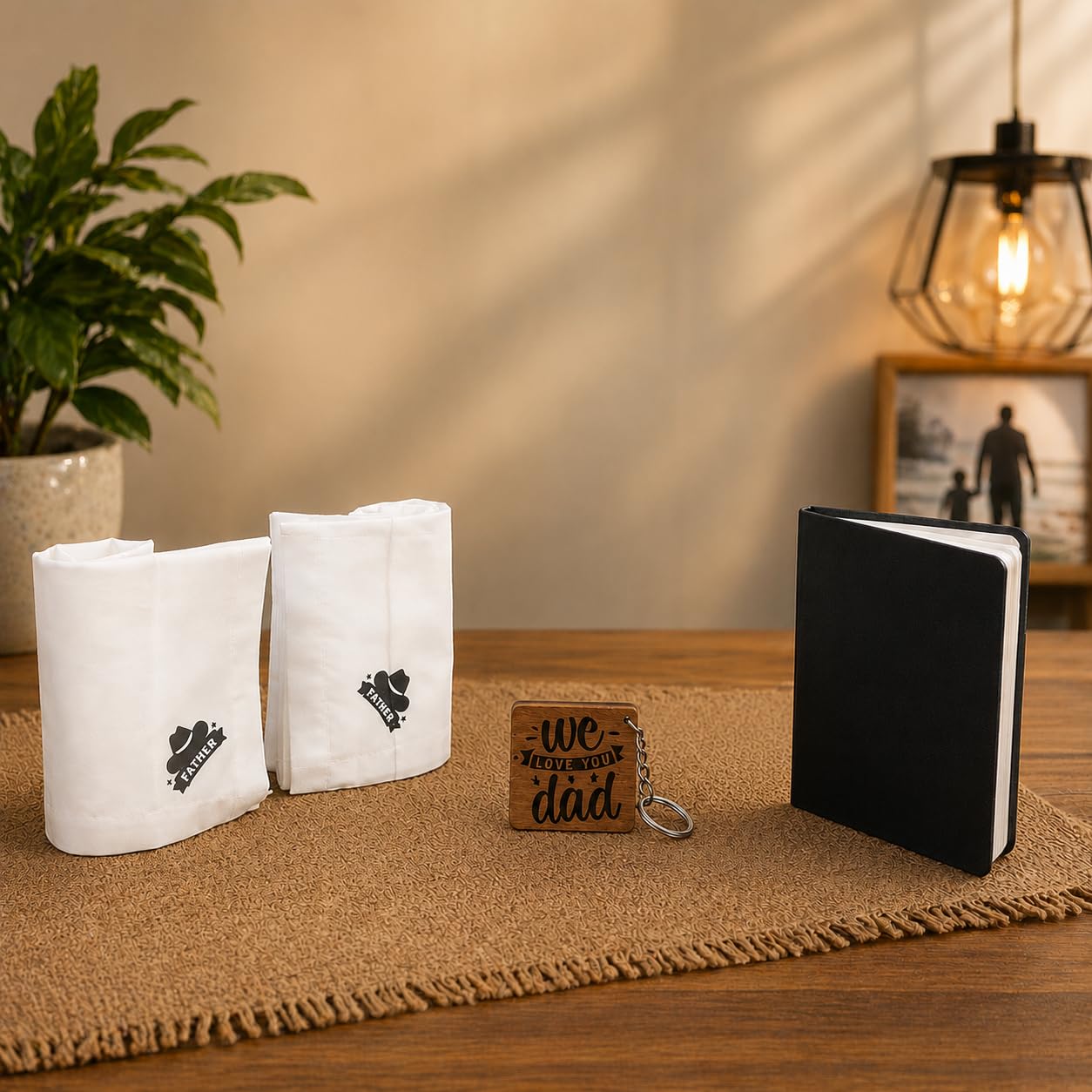 Fathers Day Gift Hamper with Premium Cotton Men's Handkerchief-Hat Father Design Printed on corner -2 | High Quality Ruled Diary-1 | Supreme Quality Keychain-I Love You Dad -1 | Happy Father's Day Greeting Card | Packed beautifully.-image-19