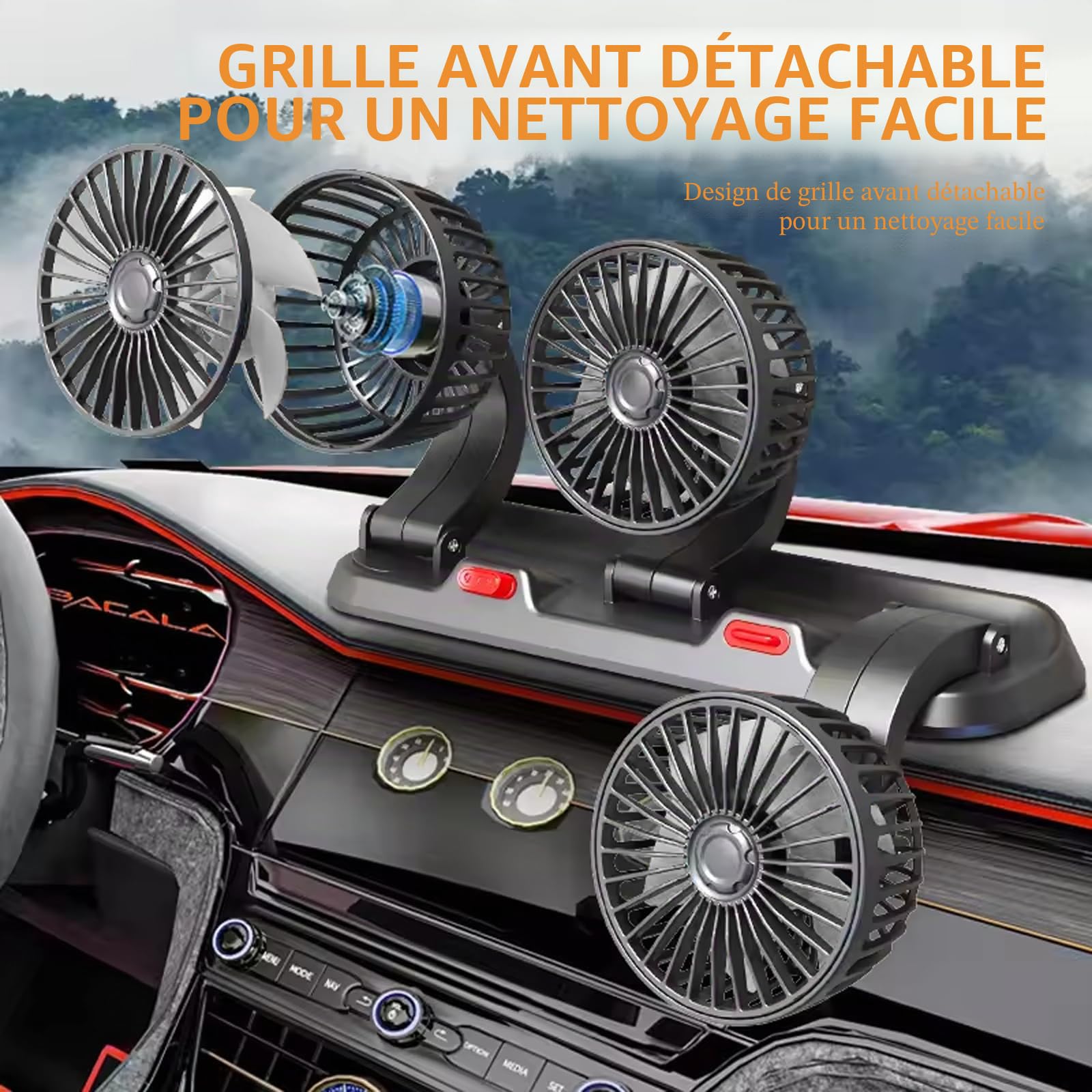 Ventilateur de voiture 12 V/24 V - 3 têtes - Pour siège arrière - Rotation à 360 ° - Avec 2 vitesses - Pour camion, camionnette, SUV, camping-car, bateau