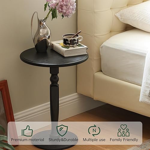 Miniatura 3 de Mesa auxiliar redonda de madera maciza, mesa pequeña para bebidas para lugares pequeños, mesa decorativa con pedestal estable para sala de estar,
