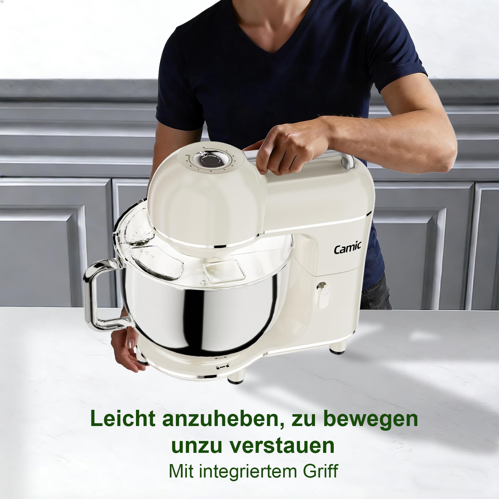 Camic Küchenmaschine - 2000W - 10 Geschwindigkeitsstufen mit Tragegriff, Edelstahl Rührschüssel (7L), Knetmaschine mit Rührhaken, Knethaken, Schlagbesen und Spritzschutz