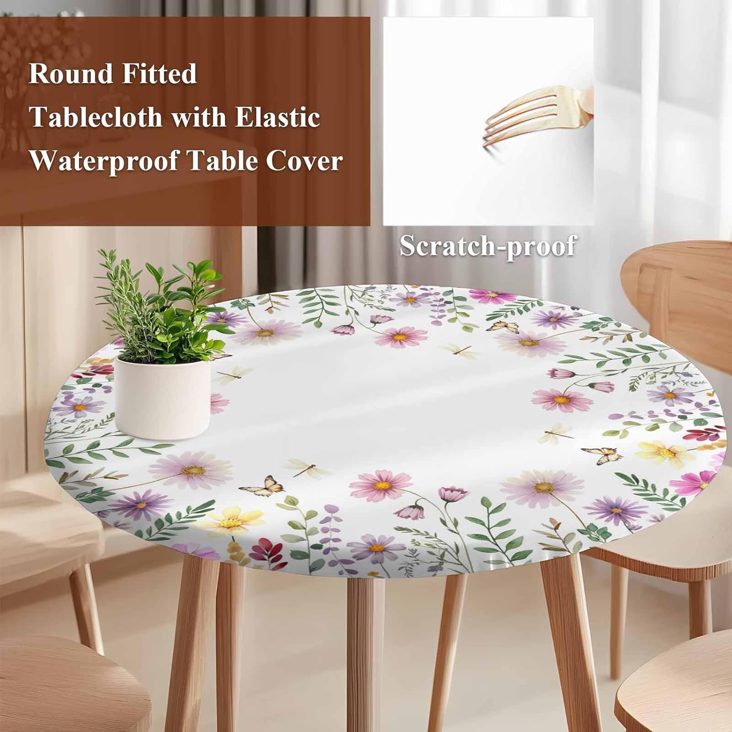 Round Fitted Tablecloth, Spring Summer Flowers Leaves Farmhouse Floral Wildflowers Pink Purple Waterproof Table Cloth Table Cover with Elastic Edged for Outdoor Parties, Fits Tables up to 55" - 60"