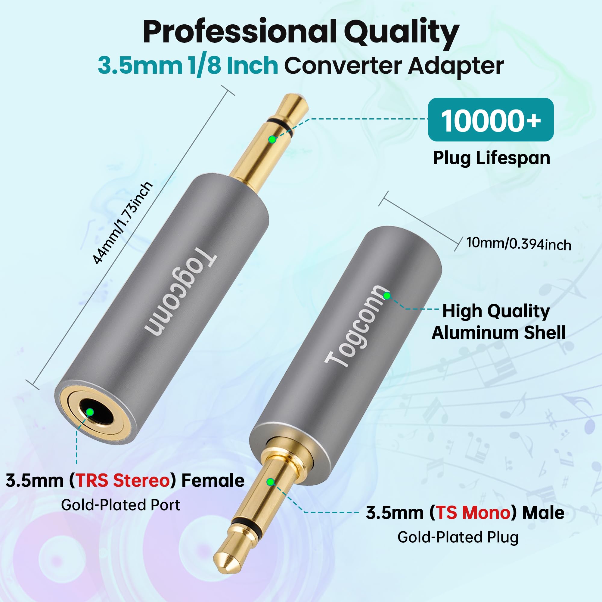 Confezione da 2 adattatori da mono a audio stereo da 3,5 mm, connettore TS mono maschio da 1/8" a jack stereo TRS (femmina), accessori convertitore connettore placcato oro e (guscio in alluminio) per