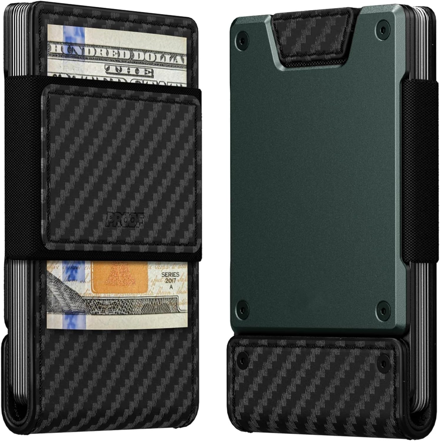 Mens Minimalist Wallet, Metal Wallets Leather for Men, RFID Blocking Slim Wallet, 25+ Card Holder with Pull Strap for Quick Card Access and 10+ Cash Strap (Black_Carbon_Fiber_Green_Metal)