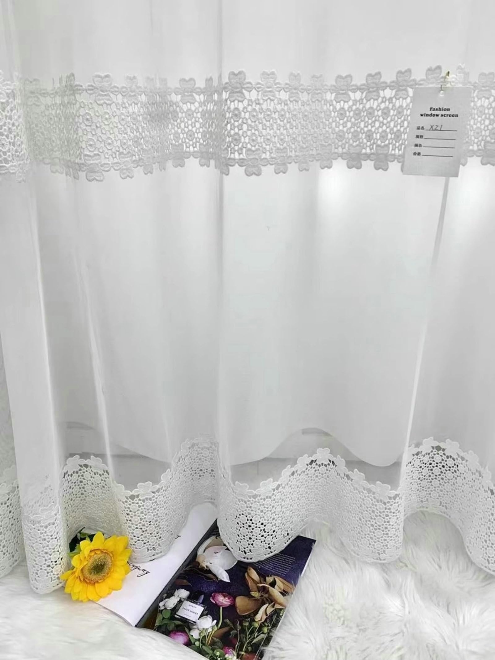 Vorhänge Weiß 2er Set Transparent, Vorhang 86x138 Spitze Blumen Stickerei Fenster Vorhänge Wohnzimmer