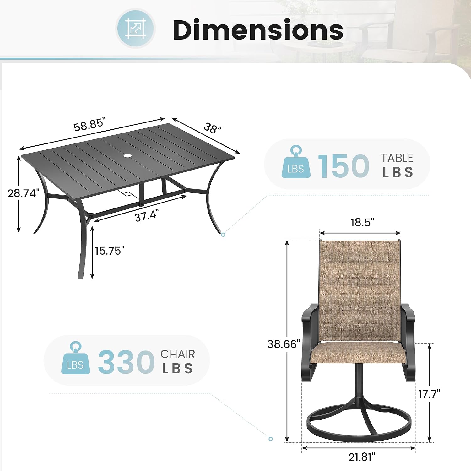 7 Pieces Patio Dining Set, Padded Patio Outdoor Furniture Set of 6 Patio Swivel Dining Chairs and Patio Spliced Rectangular Tabletop with Umbrella Hole, for Deck, Backyard, Poolside & Garden