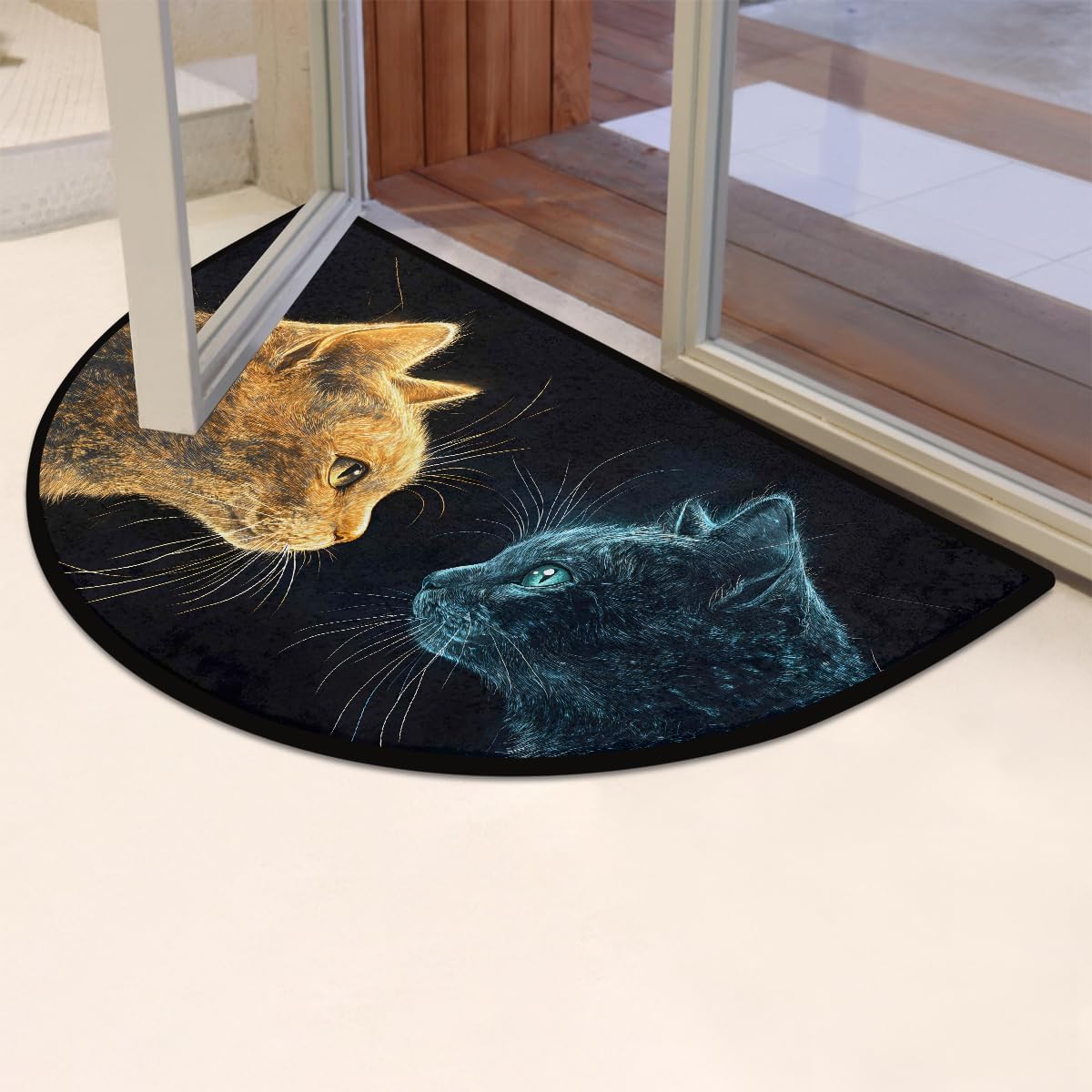 Black cat Animal Half Round Door Mat Non Slip Washable Semi Circle Area Rug Absorbent Soft Half Moon Rug Floor Mat for Indoor Outdoor Kitchen Bathroom Patio Front Door Mat Decor