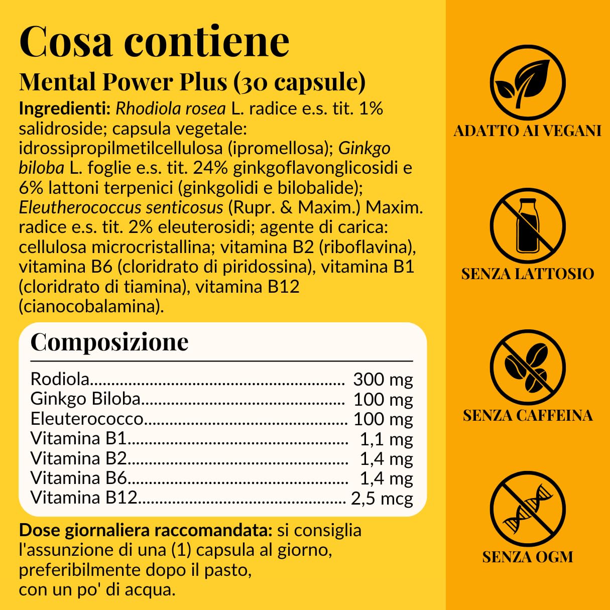 Mental Power Plus, Integratore Energia Mentale con Rodiola, Ginkgo Biloba, Eleuterococco, Vitamine B1, B2, B6, e B12 per Memoria e Concentrazione, Buon Umore, Contro Stress e Stanchezza