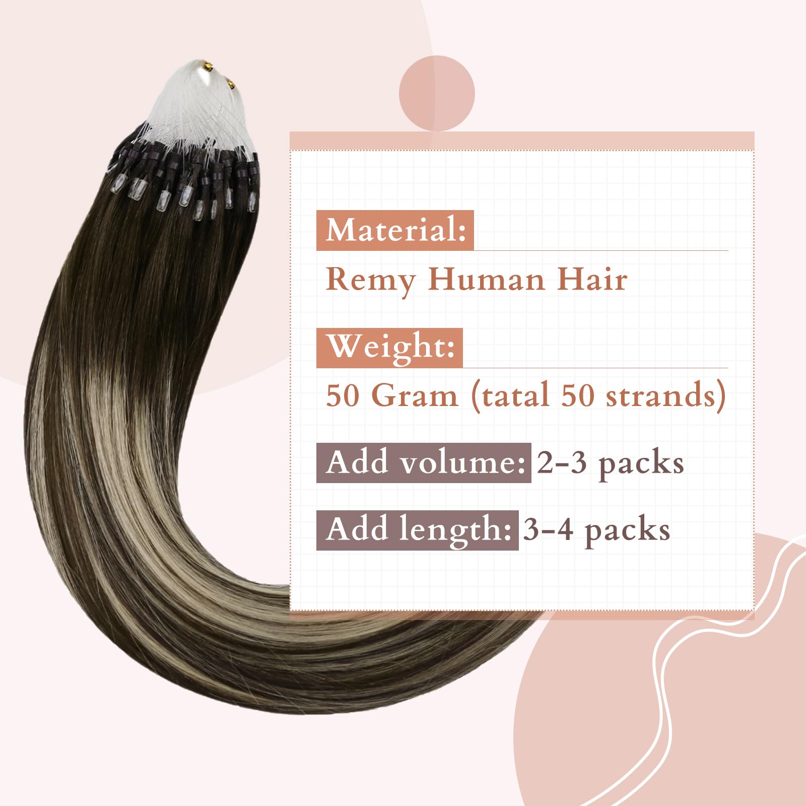Fshine Human Hair Extensions Micro Links 20 Inch 50g Remy Hair Invisible Micro Ring Extensions Brunette Brown to Platinum Blonde and Darkest Brown Balayage Extensions Straight Hair for Women 1g/s - Image 2