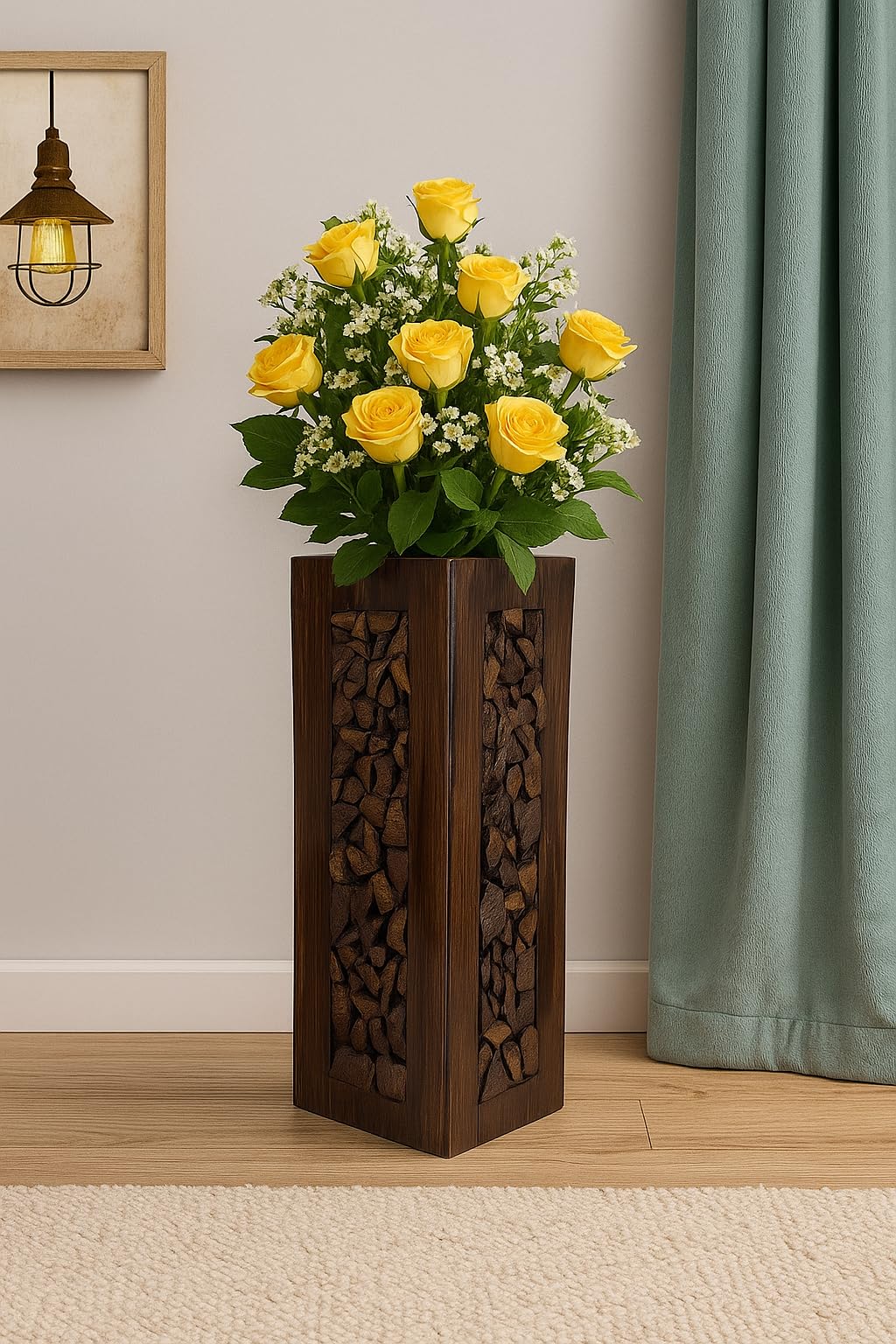 Rustic Wooden Floor Vase with Stone Pattern Design, Dark Brown Decorative Flower Stand, 12 Inch Tall Home Decor Planter-image-31