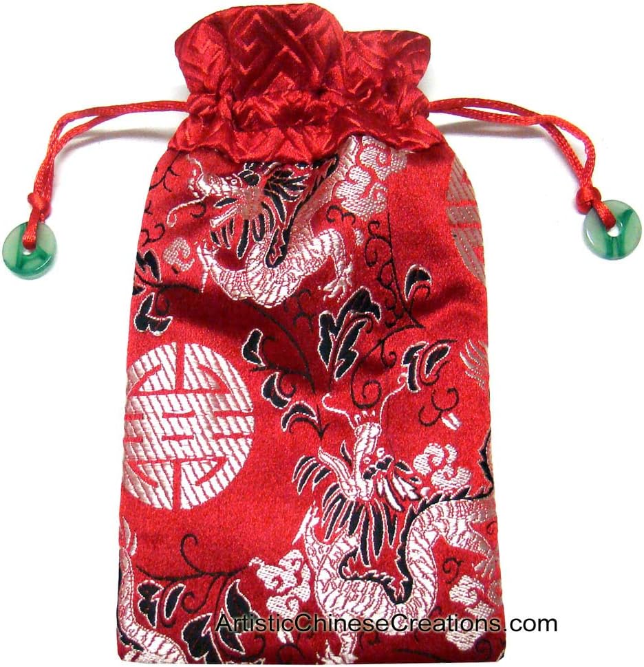 Chinese Silk Draw String Pouch - Dragon & Good Fortune