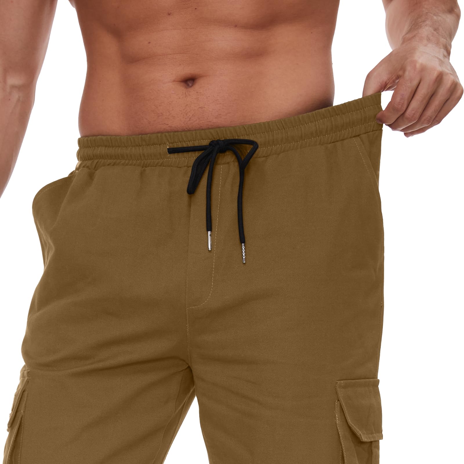 YAOBAOLE Pantalons Cargo Homme Coton Pantalon de Travail avec Multi Poches Taille Elastique Cordon de Serrage