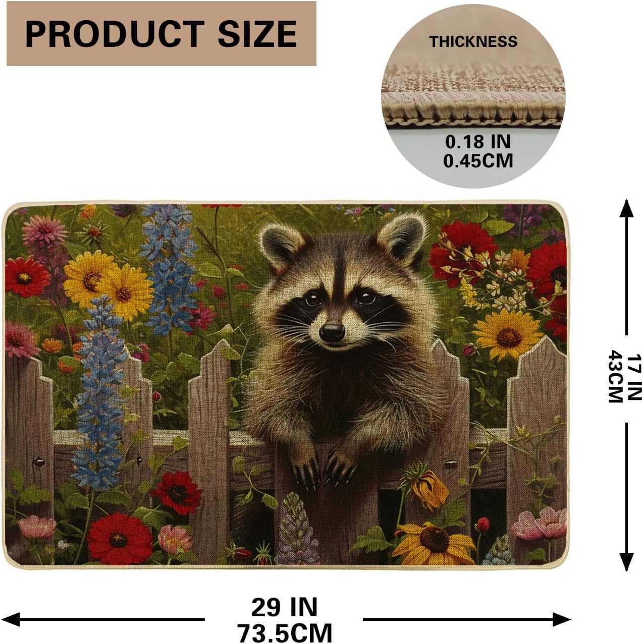 Cute Raccoon Door Mat Animal Sunflower Lavender Garden Country Fence Farmhouse Green Linen Rubber Non Slip Outdoors Patio Inside Porch Classroom Waterproof Dirt Trapper Under Door mat 17x29 Inch