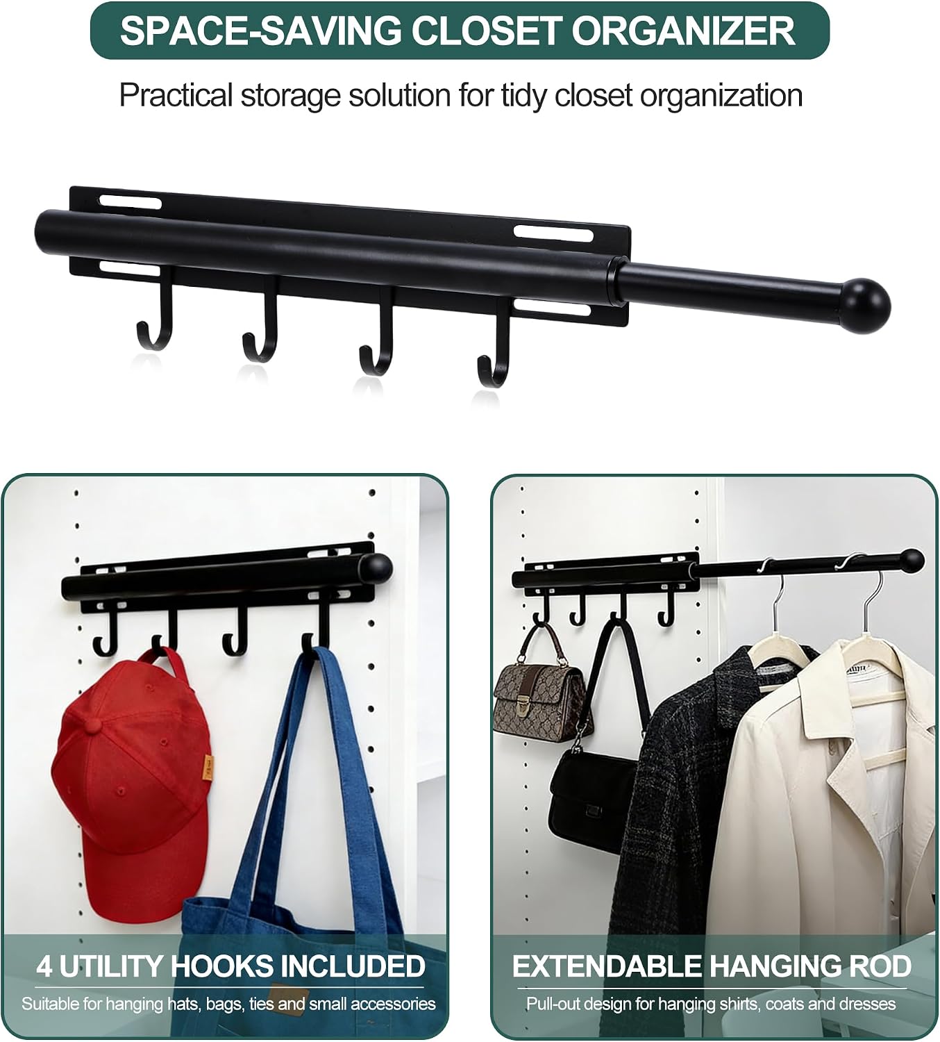 12in，Valet Rod，Valet Rod For Closet Pull Out，（Black） Closet Rod，Hanging Rod，Scalable Slide Out，Valet Hook，Contains 4 Hooks，Used For Wardrobes, Bathrooms, Laundry Rooms, Bedrooms, Wardrobes