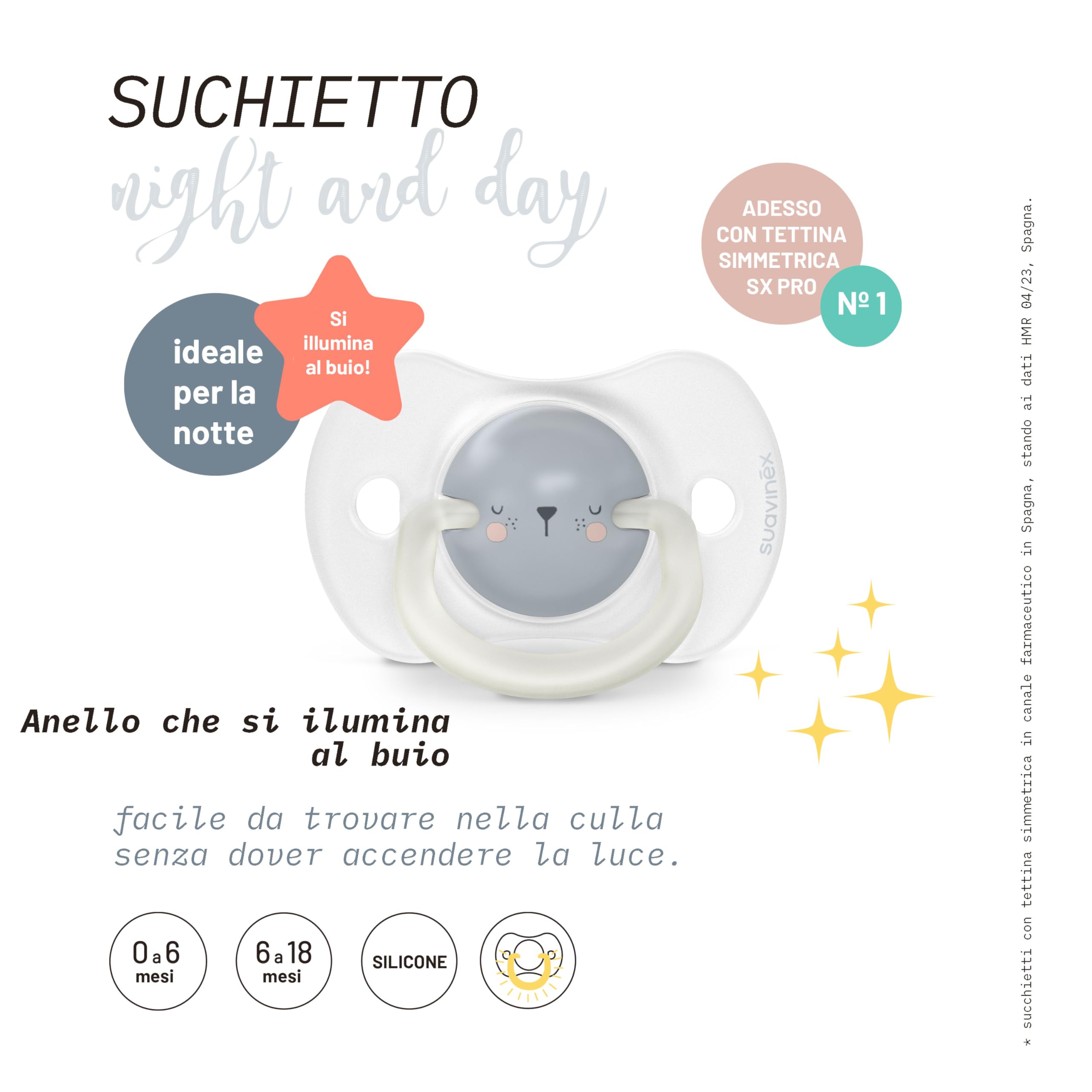 Suavinex, Confezione da 4 Ciucci Night and Day, Ciucci Fluorescenti per Dormire, per Bambini 6/18 Mesi, con Tettarella in Silicone