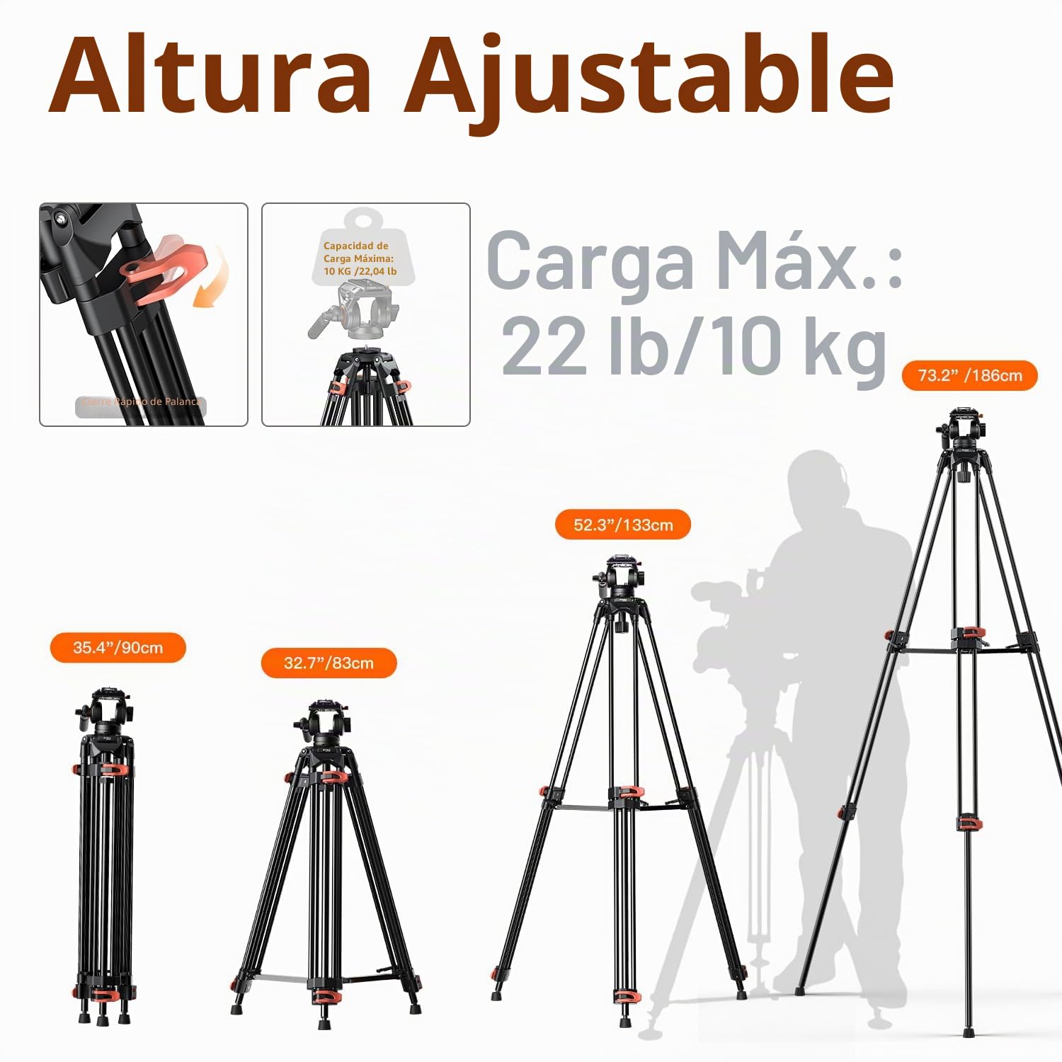 COMAN Trípode de cámara de 186cm Aluminio con cámara Tripod 360° Flexible Giro & +90°/-70° Inclinación, Trípode de vídeo Compatible con Cabezas dji RS, MAX Load 10 kg