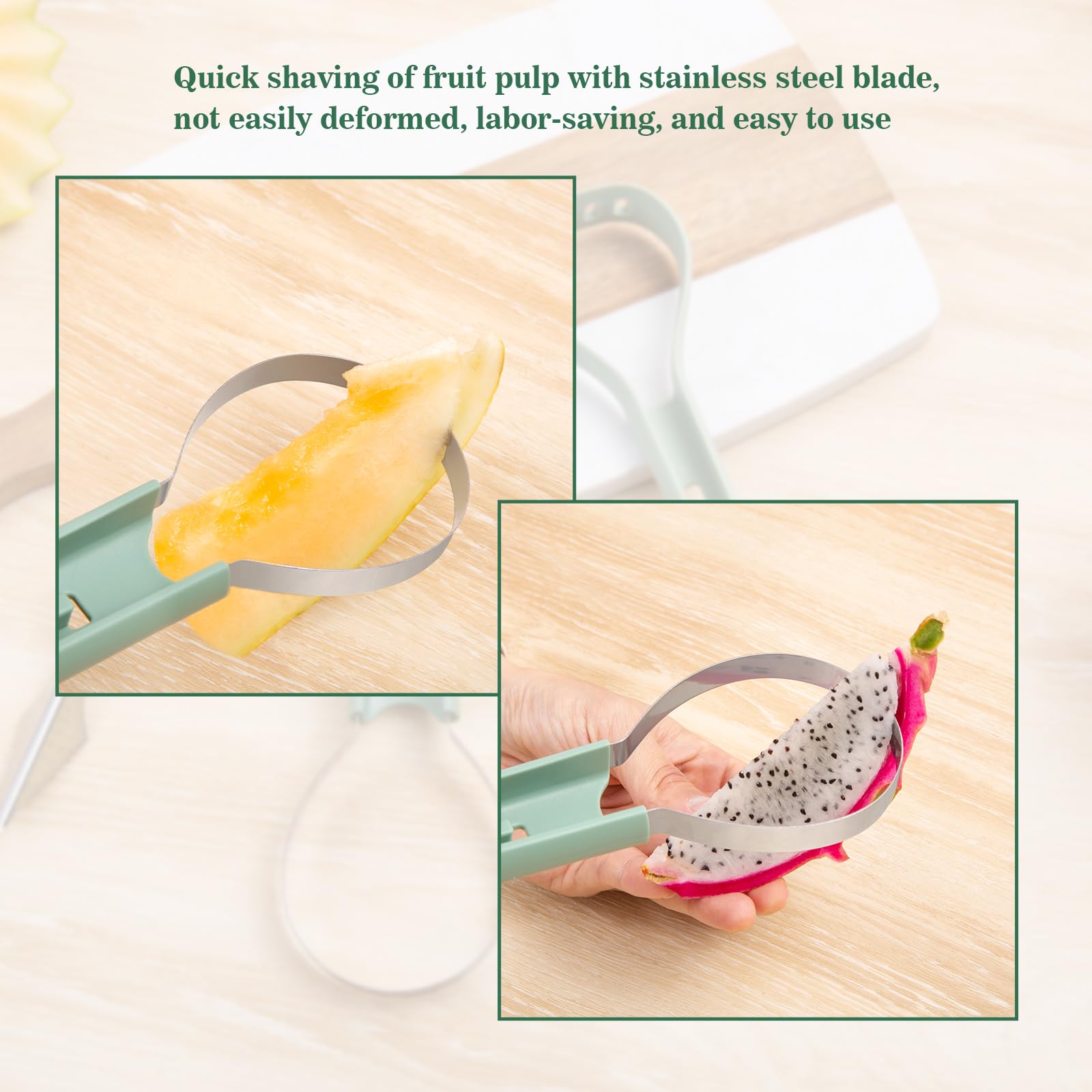 XGIZMOO Melon Baller Scoop Set - 6 in 1,Stainless Steel Fruit Cutter,Seed Remover Cutter,watermelon Scooper Fruit Scooper and Baller, Fruit Carving Tools Dig Pulp Separator Fruit Slicer(Green) - Image 5