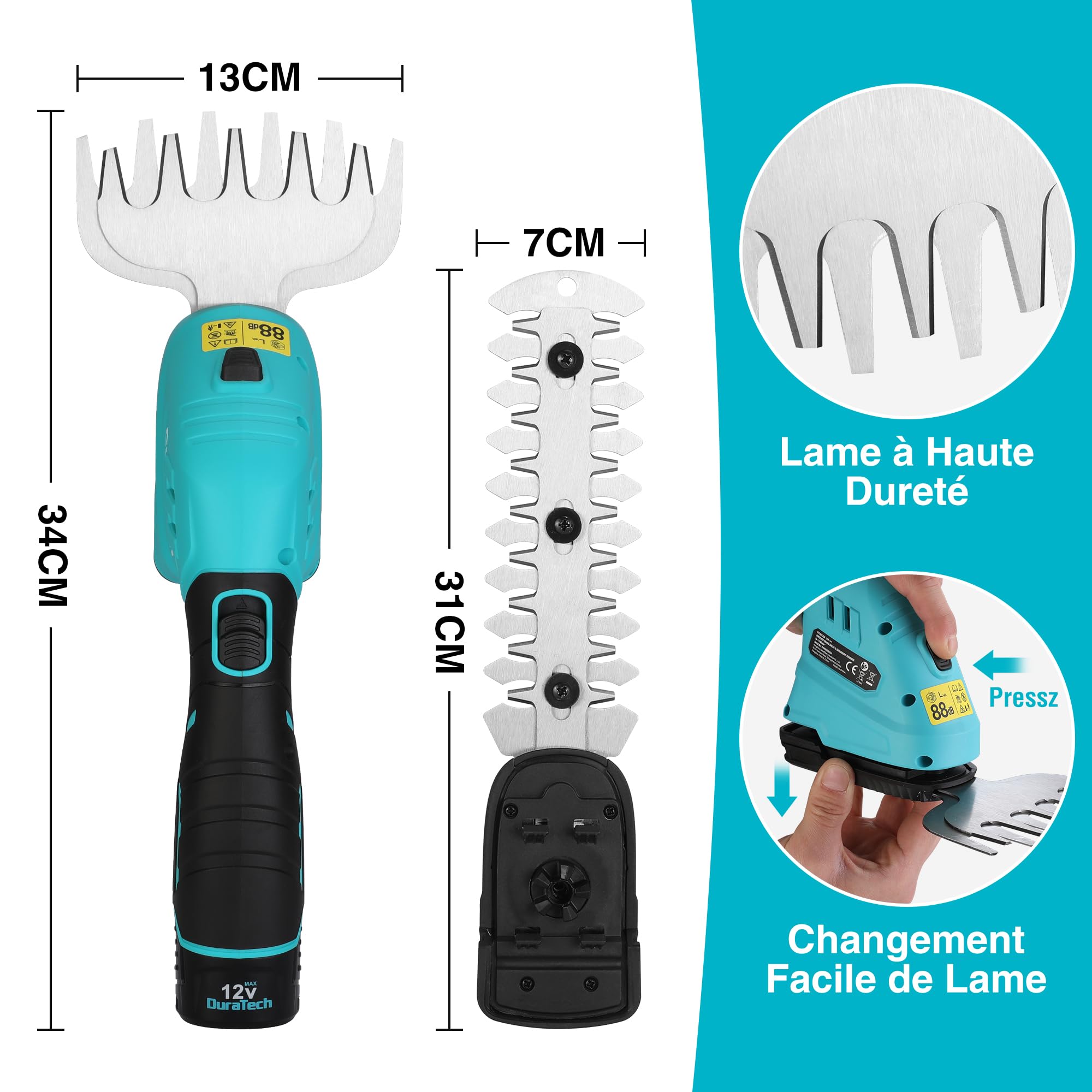 DURATECH Cisaille Sculpte-Haie Electrique, Taille-Herbes sans Fil 12V