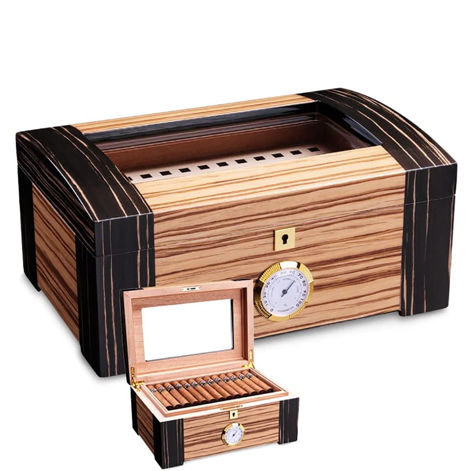 Scatola per sigari in legno di cedro, umidificatore per sigari, con igrometro e umidificatore, copertura in vetro trasparente e chiusura di sicurezza, può contenere 100 sigari, regalo per gli amanti d