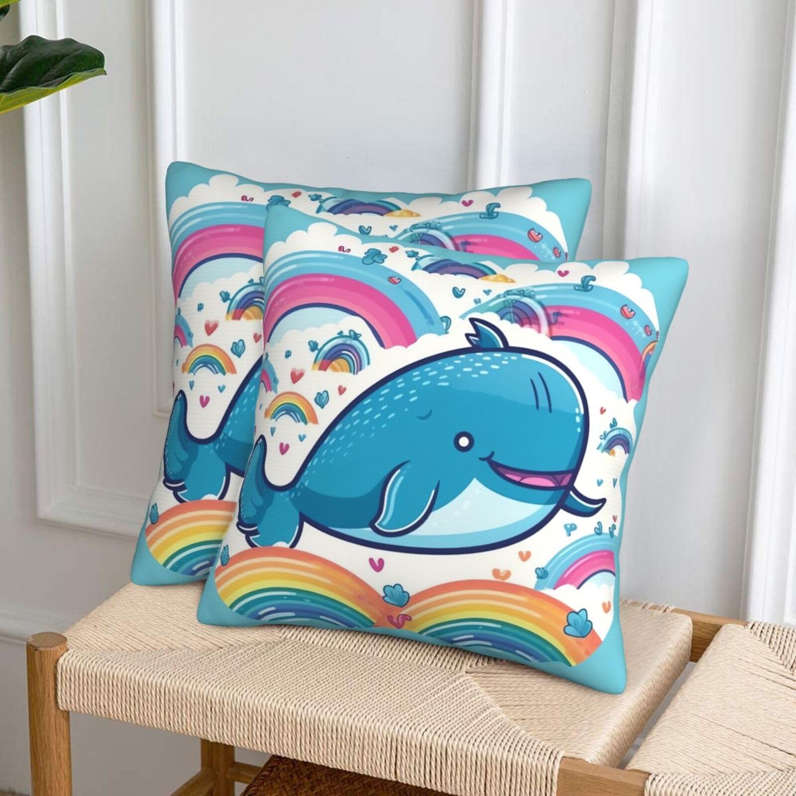 NONHAI Decorative Throw Pillow Covers Set of 2, 18"x18" Square Cushion Case Soft Comfy Cartoon Whale and Rainbow Throw Pillows for Couch Cushion Livingroom Farmhouse Home Decor Pillowcases