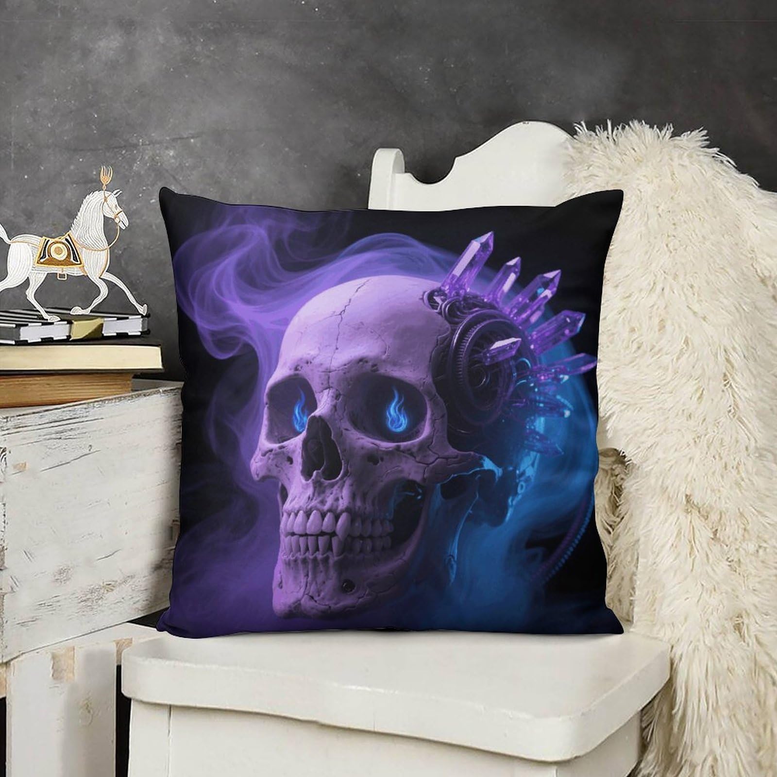 FodPand Boho Farmhouse Skull Violet Blue Black Pillow Covers with Hidden Zipper 12x12 Soft Plush Cushion Cover Decorative Throw Pillow Cases for Couch Bed Sofa Living Room Indoor Outdoor Home Decor