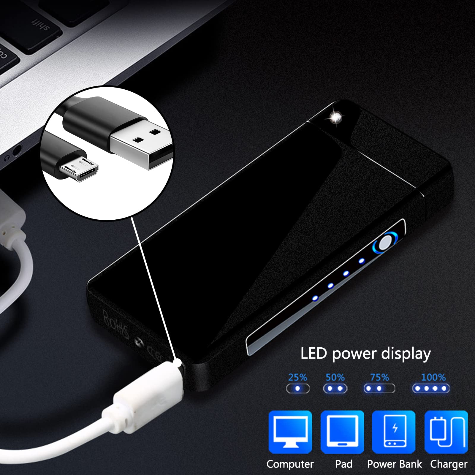 BABOBIU Briquet à Arc Électrique Rechargeable par USB - Plasma Portable Coupe-vent avec Batterie de Capacité Améliorée pour Bougies, Encens, Feux d'Artifice - Noir Givré