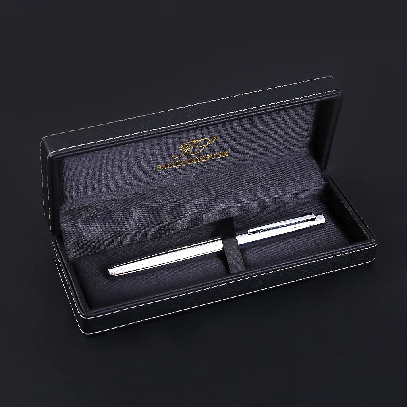 Penna Stilografica In Metallo Ice Silver Con Custodia In Pelle Sintetica - Elegante, Pennino Sottile, Ricaricabile, Regalo Di Classe