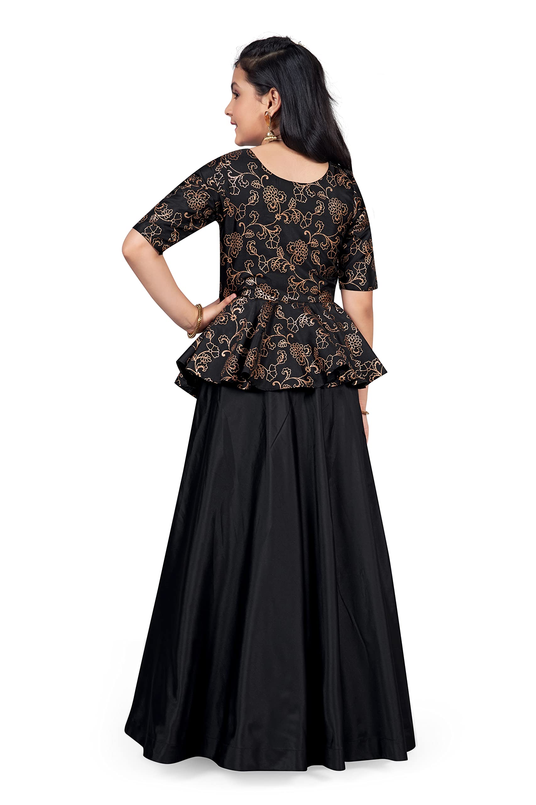 Fashion Dream Girls Black Solid Maxi Dress with Attached Foil Printed Asymmetric Shrug(Black_13-14 Year) - Image 2 thumbnail
