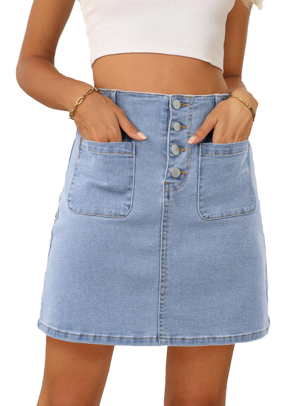 Sidefeel Womens Jean Skirt High Waist Summer Stretch Zimbaplatinum Denim Skirt Button Knee Length Skirt with Pockets