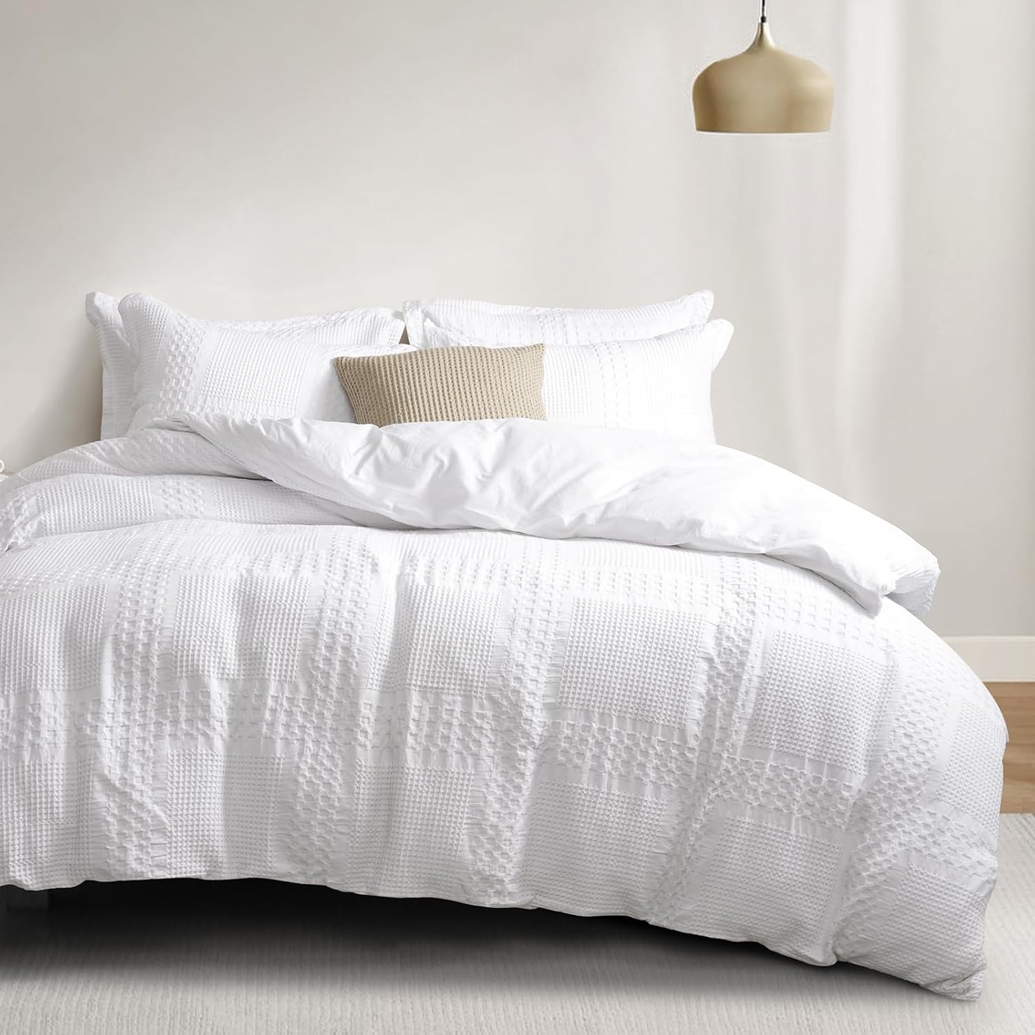 PHF 100% Cotton Waffle Duvet Cover Queen Size, Soft Breathable Cotton Bedding Duvet Cover Set for All Season, Weave Luxury Textured Design for All Home Decor, 3 Pieces, 90"x90", White