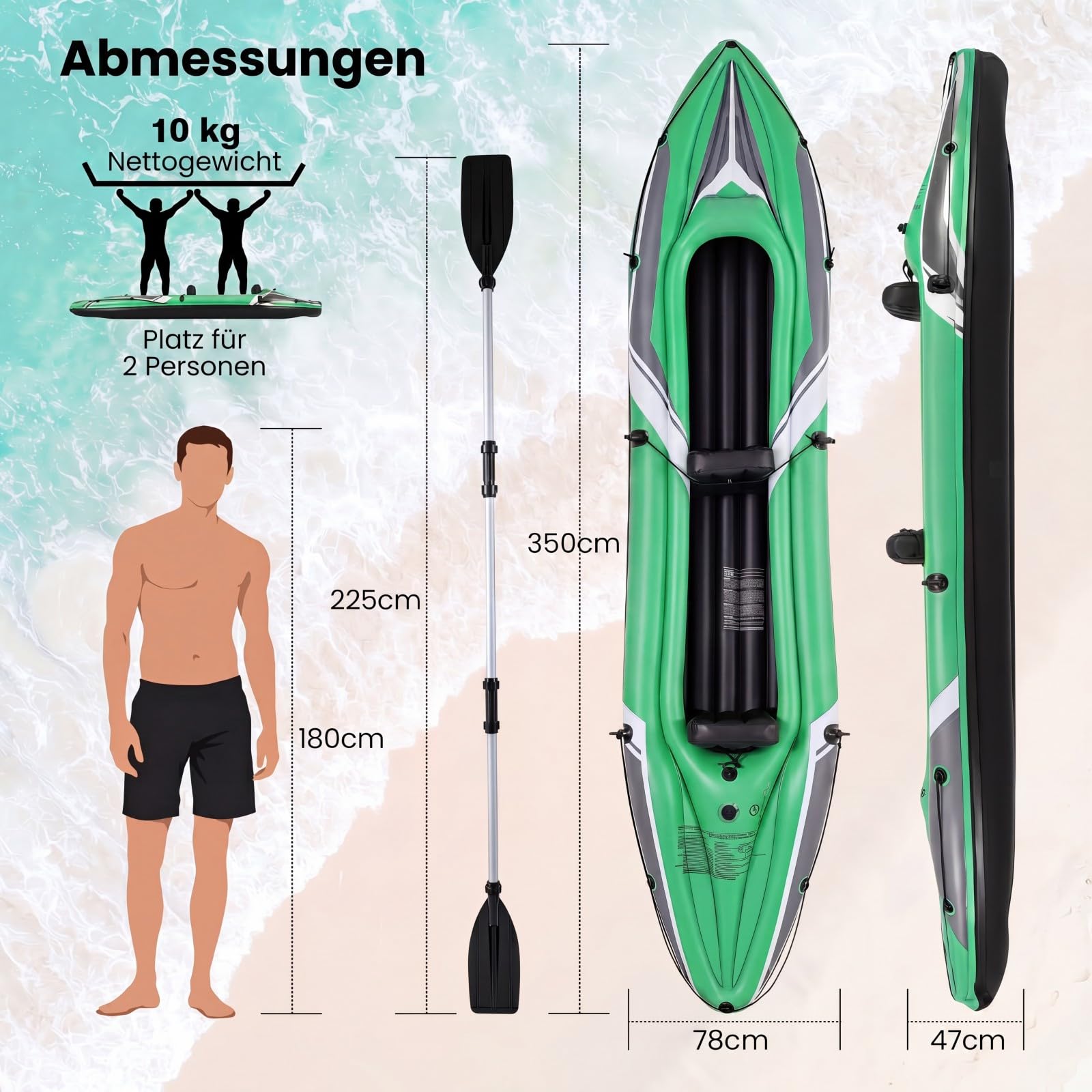 COSTWAY Kajak aufblasbar 2 Personen, aufblasbares Kanu mit Aluminiumpaddel, Handpumpe und Reparaturset, Schlauchboot, 160 kg Gewichtskapazität