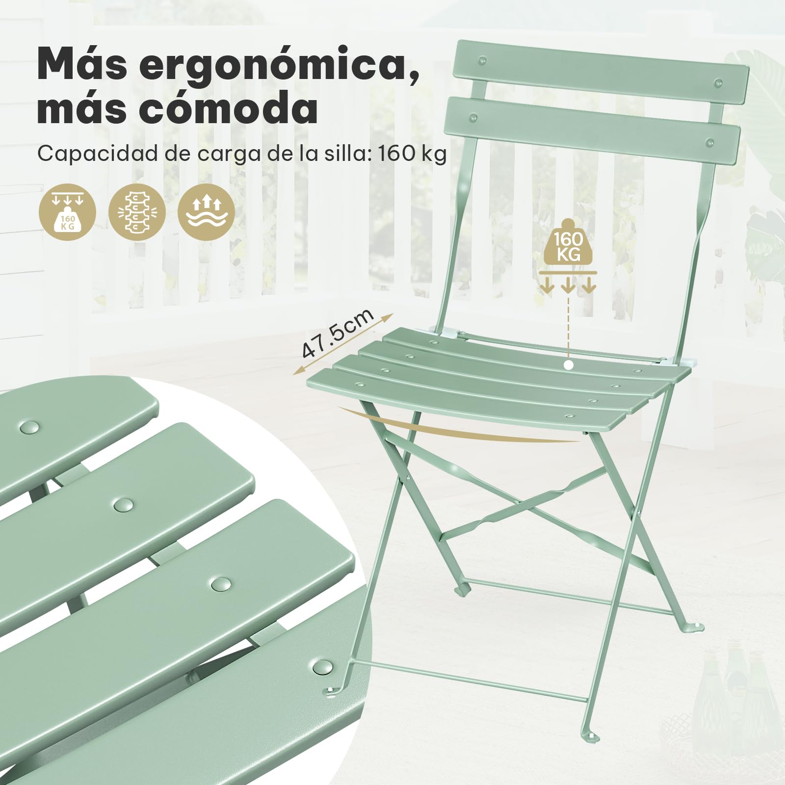eSituro Conjunto Muebles Jardín, Mesa y 2 Sillas Plegables de Terraza, Muebles para Bistró, Balcón, Patio y Exterior, Metal Resistente, Verde