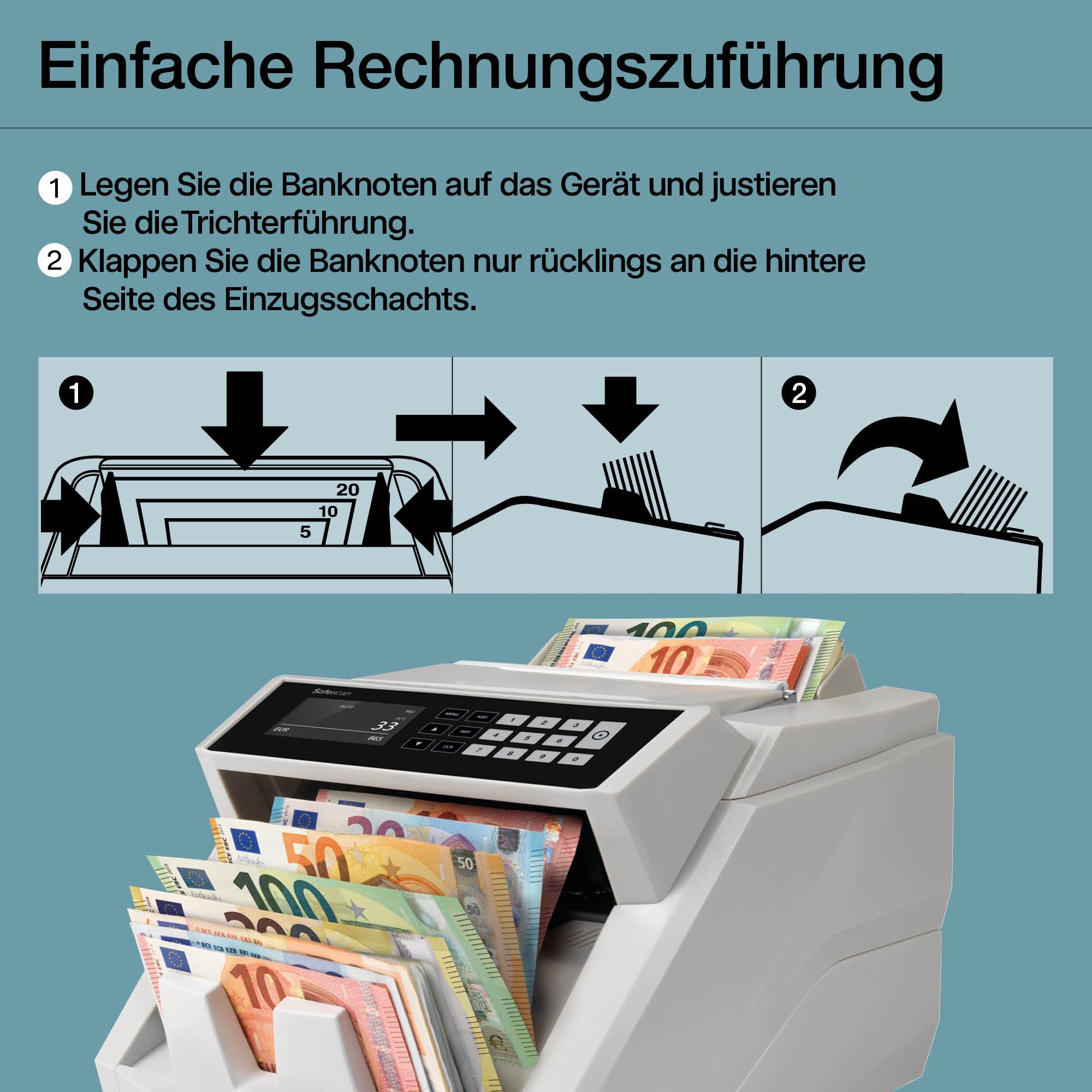 Safescan 2465-S Geldzählmaschine, Wertzählung für gemischte EUR-Banknoten - Banknotenzähler mit 7-facher Echtheitsprüfung - zählt sortierte Banknoten aller Währungen