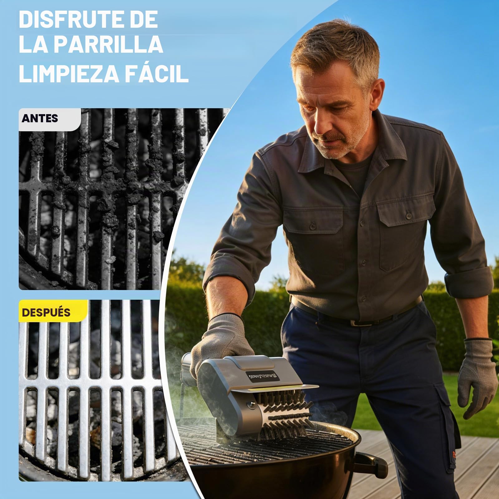 Cepillo Eléctrico para Barbacoa – Inalámbrico y Recargable con Cabezal de Acero Inoxidable Desmontable (Incluye 1 Repuesto) | Limpieza Eficaz para Parrillas de Gas, Carbón, Eléctricas y Rejillas