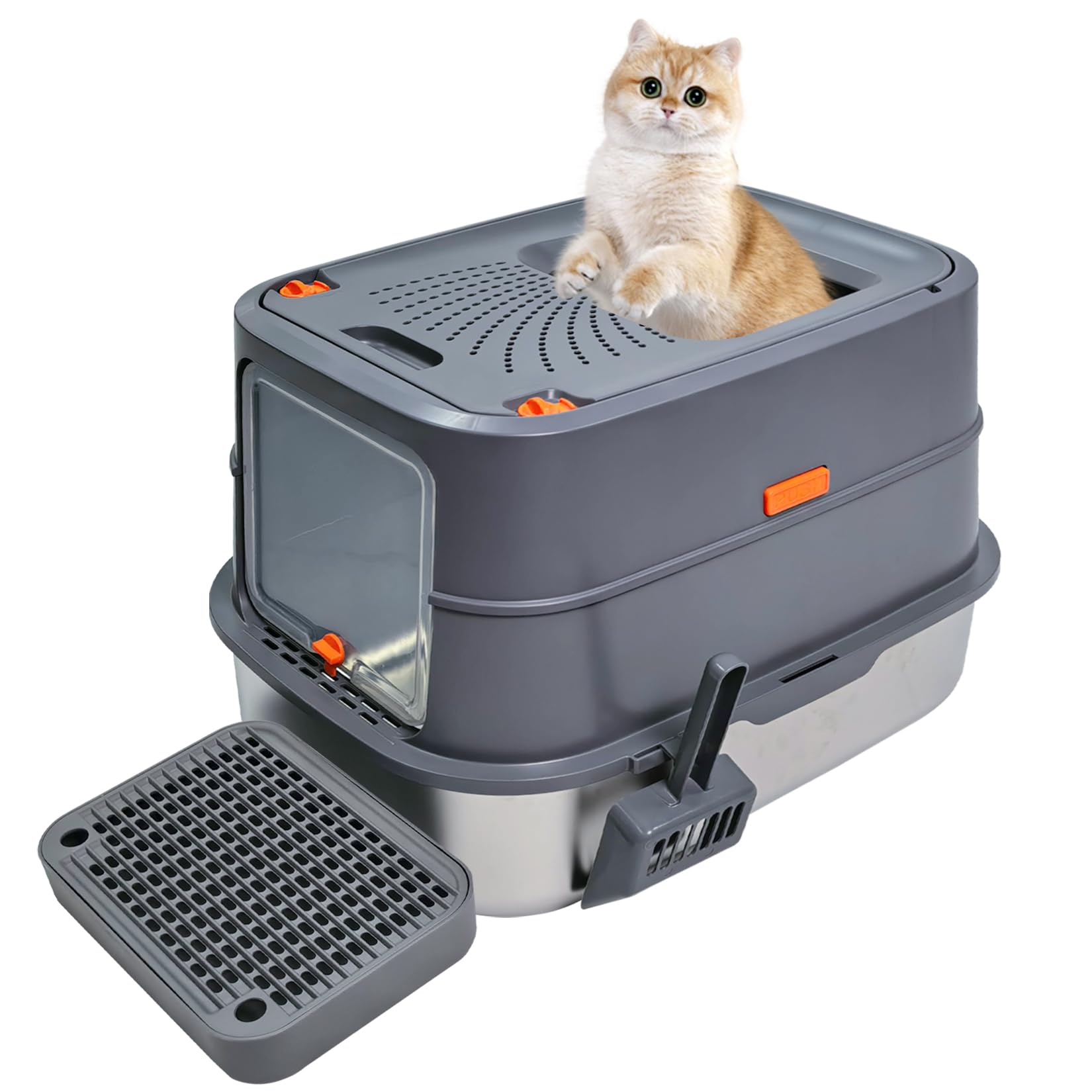 BingoPaw Arenero Gatos Acero Inoxidable Caja de Arena para Gatos Cerrado Grande Metal Extraíble Litter Box Anti-Fugas, Sin Olor, Fácil de Limpiar Cat WC con Pala y Cernidor 58x42x42cm, Gris