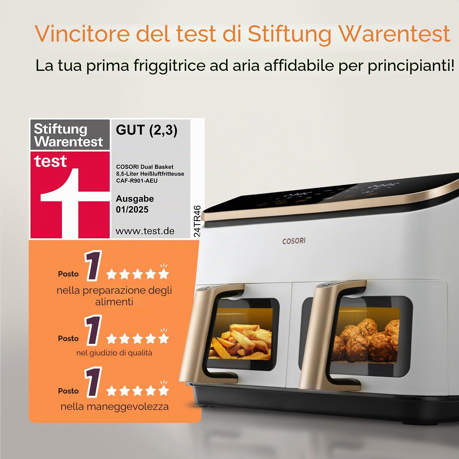 COSORI Airfryer, vincitore del test Stiftung Warentest, friggitrice ad aria calda 2 camere con finestra di visualizzazione, interno in metallo riduce il contatto in plastica