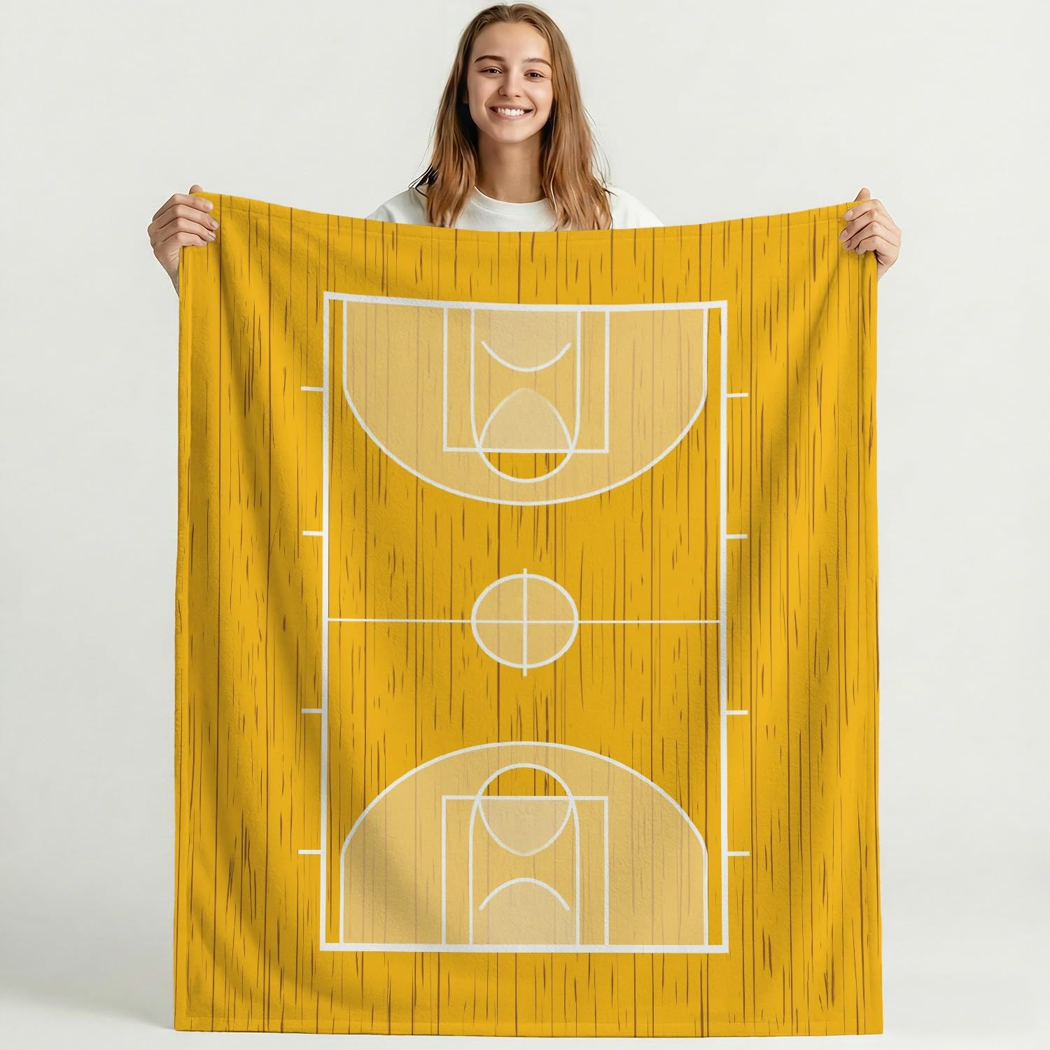 Generisch Koc polarowy, żółto-biały, minimalistyczne linie z kreskówki, boisko do koszykówki, 150 x 200 cm, koc na kanapę, puszysty koc z mikrofibry, narzuta na sofę, narzuta na łóżko