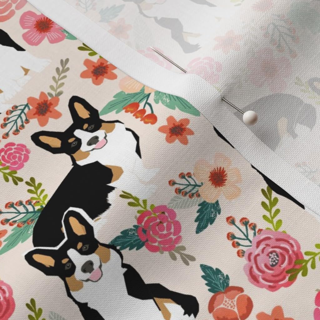 Spoonflower Fabric - Corgi Black Tan Tri Colored Welsh Cute Corgis Dog Dogs Florals Pet Printed on Petal Signature Cotton Fabric by The Yard - Sewing Quilting Apparel Crafts Decor