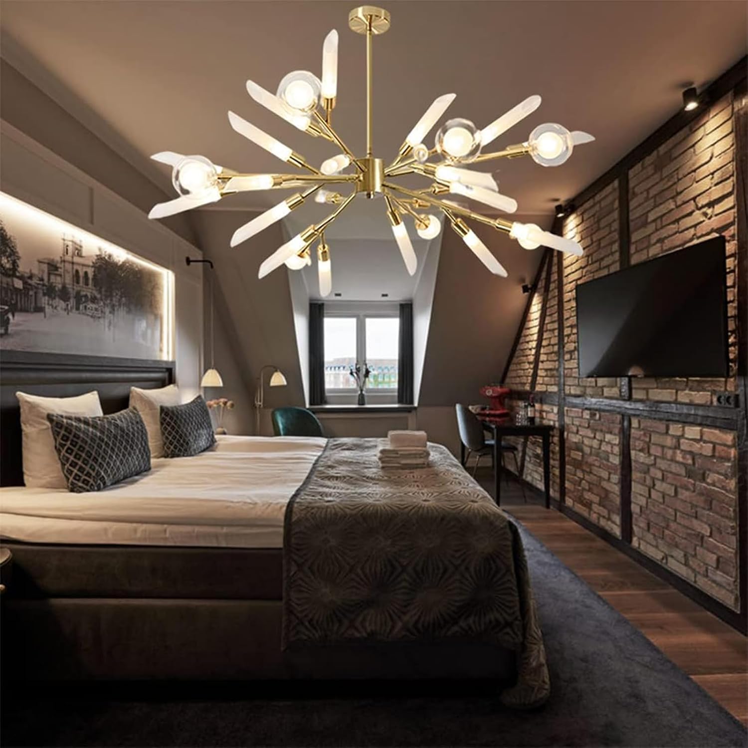24-Light Modern Glass Globes Chandelier Gold Sputnik Chandeliers Flush Mount Ceiling Light Fixture Spliceable Hanging Pendant Rod Light for Living Room Bedroom Kitchen Island