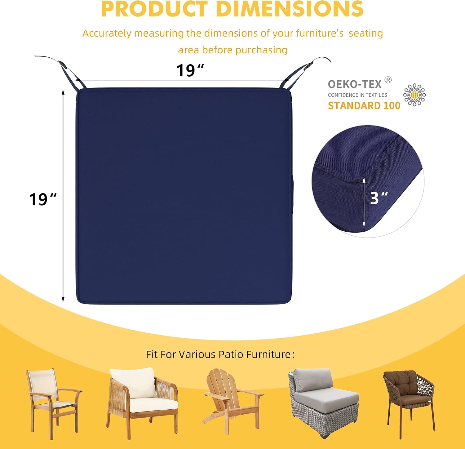 RACE LEAF Navy Blue Patio Cushions Set of 2, 19x19x3 Inch Waterproof Outdoor Chair Seat Cushions with Concealed Zipper, Non-Slip Ties & Reinforced Edges