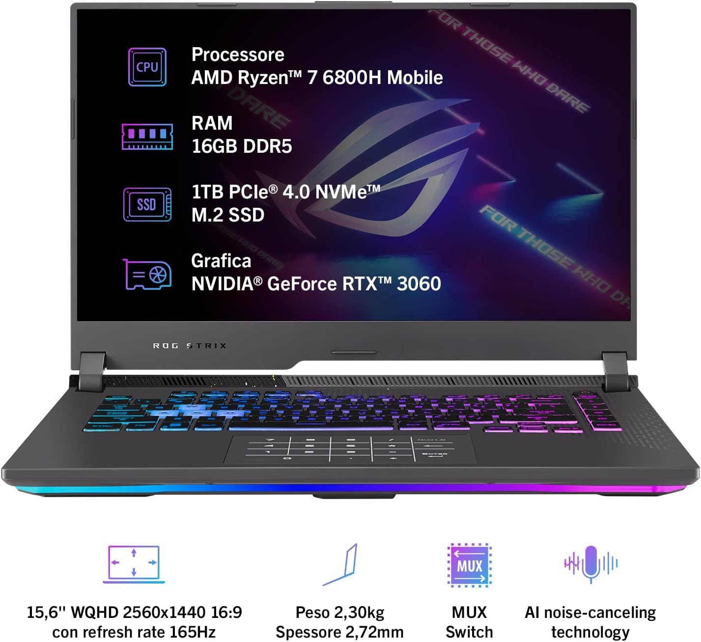 ASUS ROG Strix G15 G513RM-HQ166W, Notebook con Monitor 15,6 WQHD Anti-Glare, 165Hz, AMD Ryzen 7 6800H, RAM 16GB, 1TB SSD PCIE, Grafica NVIDIA GeForce RTX 3060 6GB GDDR6, Windows 11 Home, Grigio ASUS ROG Strix G15 G513RM-HQ166W, Notebook con Monitor 15,6 WQHD Anti-Glare, 165Hz, AMD Ryzen 7 6800H, RAM 16GB, 1TB SSD PCIE, Grafica NVIDIA GeForce RTX 3060 6GB GDDR6, Windows 11 Home, Grigio