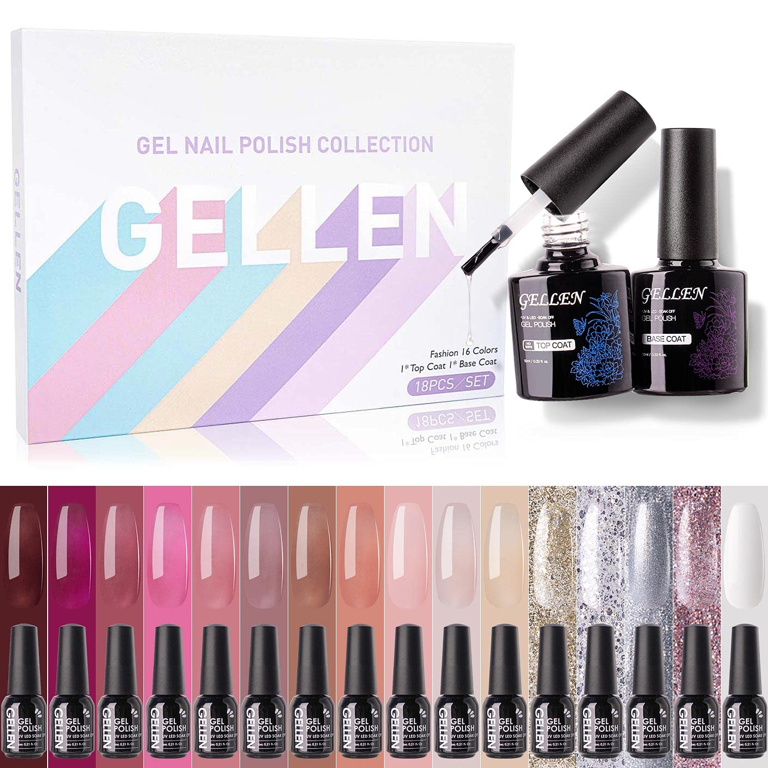 Amazon.com : Gellen Gel Nail Polish Kit, 16 Colors Jelly Nail Gel Set With  No Wipe Top Base Coat, Translucent Nudes Skin Tones Nail Polish, Fashion  Glitters Nail Art Designs, DIY Home